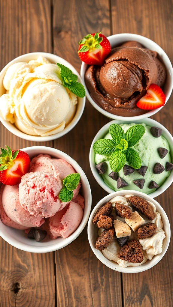 Five bowls of homemade ice cream in different flavors: vanilla, chocolate, strawberry, mint chocolate chip, and cookies and cream.